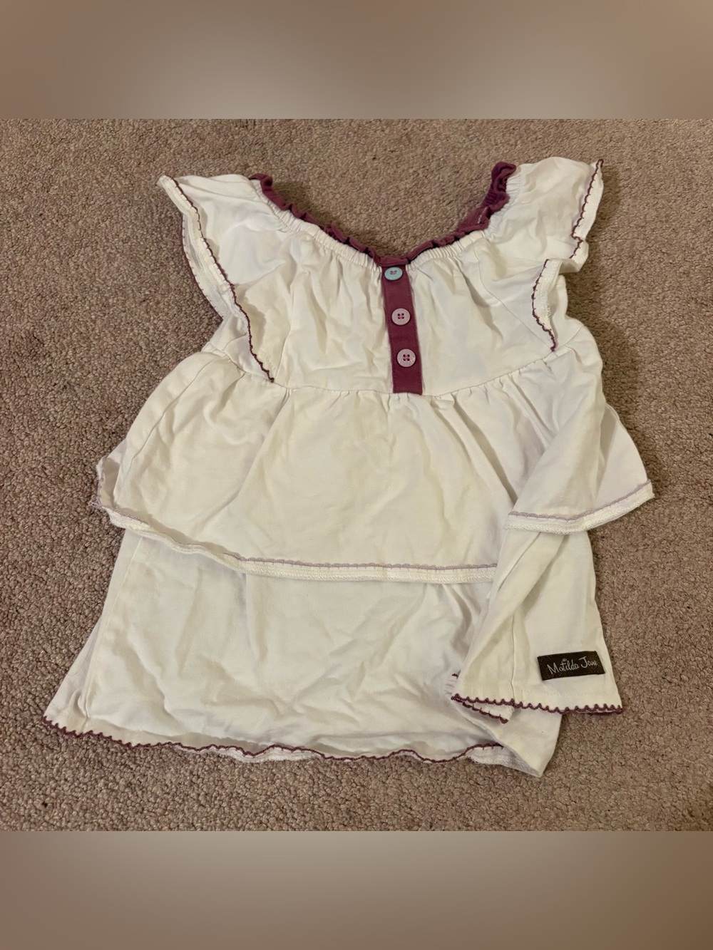 Matilda Jane White Flutter Sleeve Top with Plum Trim size 6